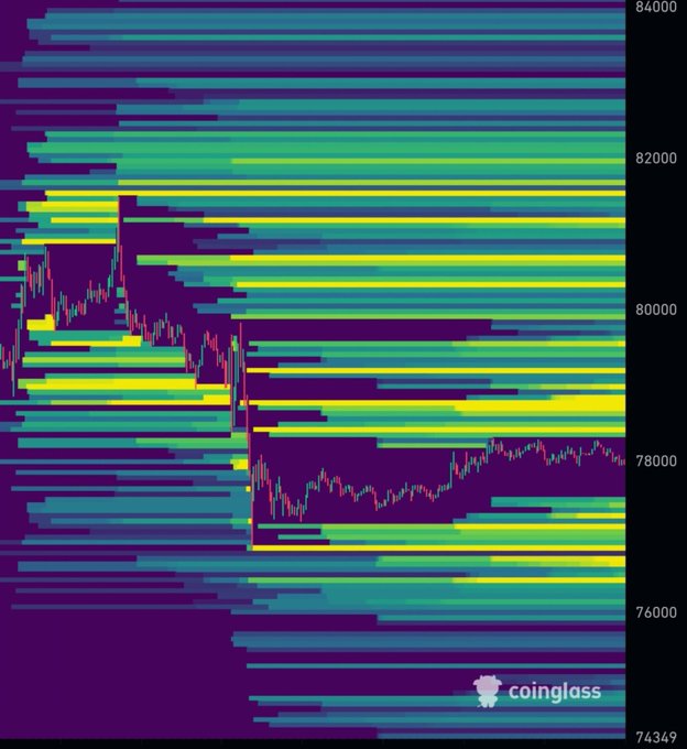 A Coinglass options heatmap for Bitcoin shows option expiration positioning with maximum pain concentrated in the $76K-$80K range, where the brightest yellow bands indicate the highest concentration of short puts around the $80K level and short calls around the $76K level. This visualizes the options expiry setup referenced in the post, confirming the $80K short and $76K long levels as key magnet zones where price would cause maximum losses to option sellers.