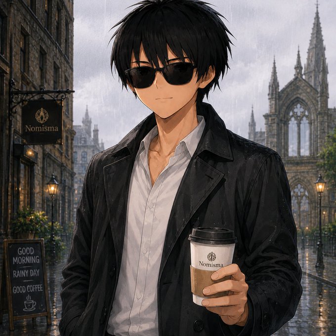 An anime-style illustration of a young man with black hair and sunglasses, wearing a black jacket over a white shirt and holding a coffee cup labeled 'Nomisma,' standing in a rainy gothic city setting with a 'Good Morning, Rainy Day, Good Coffee' sign.