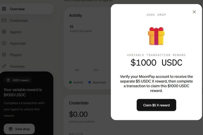 A USDC DROP reward notification screen showing a '$1000 USDC VARIABLE TRANSACTION REWARD' with instructions to verify a MoonPay account and complete a transaction to claim a separate $5 USDC reward.