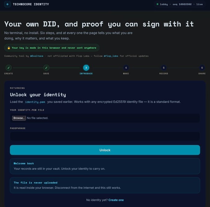 A screenshot of the TECHNOCORE IDENTITY website showing 'Your own DID, and proof you can sign with it' with a step labeled '3 INTRODUCE' and a form to unlock an identity using an identity.pem file.