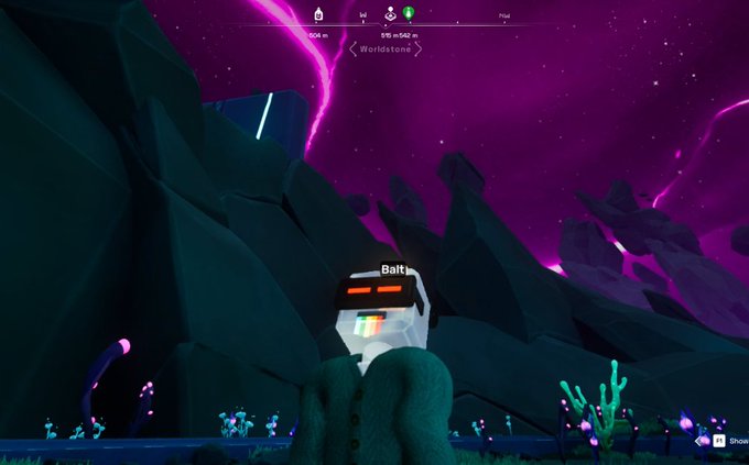 First-person screenshot from a VR game showing a player avatar with the name "Balt" wearing VR goggles, set against a vibrant purple starry sky and rocky landscape, with "Worldstone" displayed at the top.
