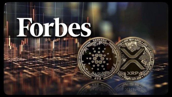 A Forbes-branded graphic featuring physical representations of Cardano (ADA) and XRP (Ripple) cryptocurrencies set against a background of financial trading charts.