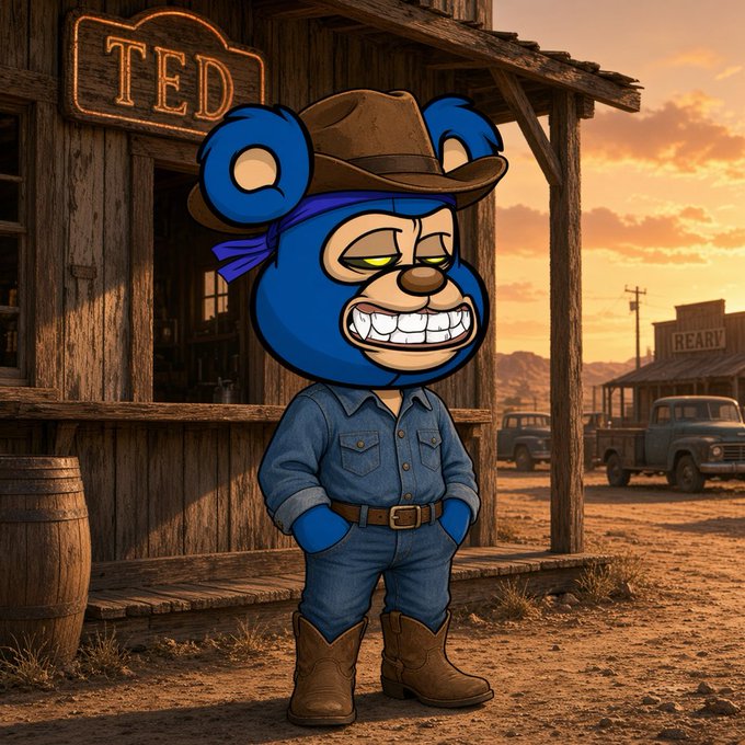 A cartoon blue bear wearing a cowboy hat and denim outfit stands in front of a Wild West saloon with a glowing "TED" neon sign, embodying the rugged patience referenced in the post about waiting on $ETH like it's last call at the bar.