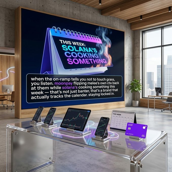 A promotional display in a modern office featuring a calendar and digital screens with the text 'THIS WEEK: SOLANA'S COOKING SOMETHING', alongside text mocking the 'moonpay flipping melee' event while Solana promotes its brand.