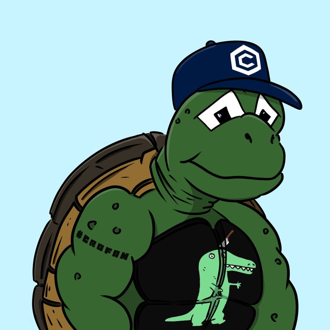 A cartoon illustration of a muscular turtle wearing a blue cap with a 'C' logo and a black tank top featuring a dinosaur and '#RUGFAM' tattoo on its arm.