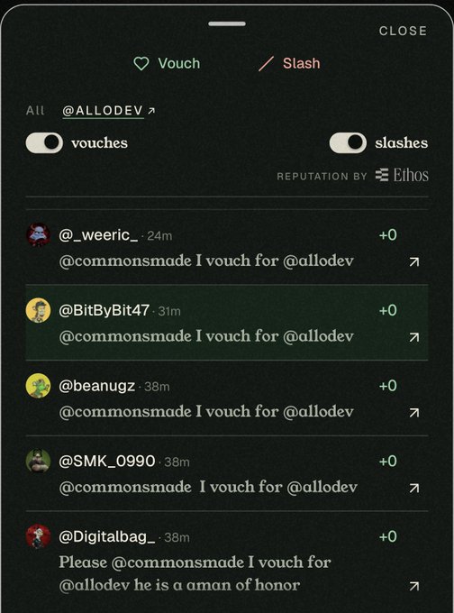 A dark-themed social media interface showing a "Vouch" and "Slash" panel with multiple users (@_weeric_, @BitByBit47, @beanugz, @SMK_0990, @Digitalbag) all vouching for @allodev with +0 reputation points.