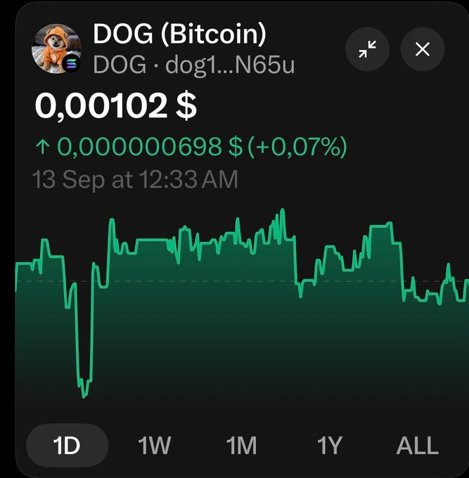 A cryptocurrency price chart showing DOG (Bitcoin) ticker at $0.00102 with a +0.07% gain, displayed on September 13 at 12:33 AM with 1D timeframe selected.