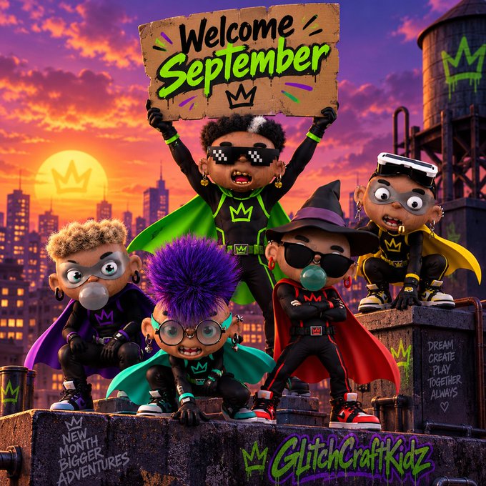 A vibrant, stylized digital illustration shows five cartoonish characters holding a "Welcome September" cardboard sign above their heads, with the text "GlitchCraftKidz" at the bottom.