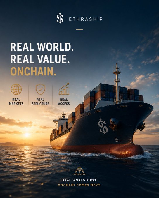 A large container ship sailing across the ocean at sunset is shown beneath the "ETHRASHIP" logo, with the headline "REAL WORLD. REAL VALUE. ONCHAIN." alongside icons labeled "REAL MARKETS," "REAL STRUCTURE," and "REAL ACCESS." The bottom text reads "REAL WORLD FIRST. ONCHAIN COMES NEXT."

The image visually reinforces the message by depicting a literal real-world asset—a cargo vessel—as the foundation of an onchain initiative, symbolizing how EthraShip connects tangible maritime shipping infrastructure to blockchain technology.