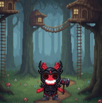 Pixel art depicts a small red-skinned horned warrior character holding an axe, standing in a forest with treehouse ladders, glowing mushrooms, and misty trees.