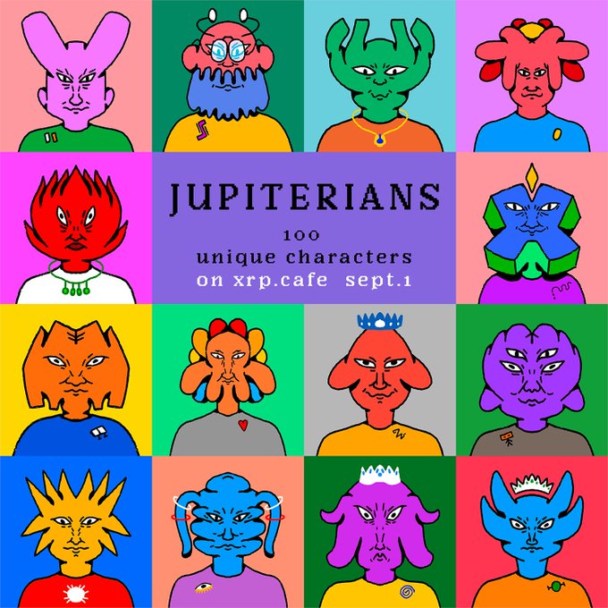 A vibrant 4x4 grid showcasing 15 colorful alien-like character portraits with the central text "JUPITERIANS 100 unique characters on xrp.cafe sept.1." The promotional image aligns with the post announcing the launch of the Jupiterians NFT collection—100 hand-drawn characters—on xrp.cafe on September 1st, with an allowlist giveaway.