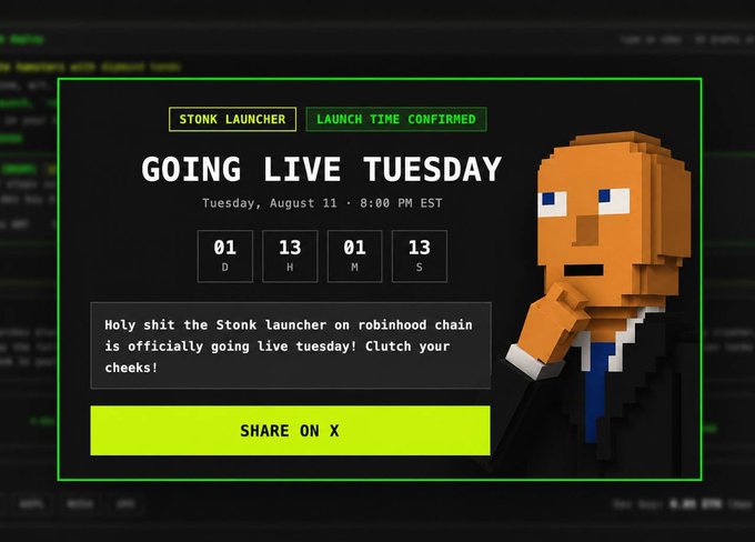 A promotional graphic for "STONK LAUNCHER" confirms its launch time as "GOING LIVE TUESDAY, August 11 · 8:00 PM EST" with a countdown timer and features a pixelated suited character alongside the text "Holy shit the Stonk launcher on robinhood chain is officially going live tuesday! Clutch your cheeks!" The image visually reinforces the post's announcement of the Stonk Launcher's debut on Robinhood Chain, supporting the rumor about $CLOCKIN potentially being the first token launched.