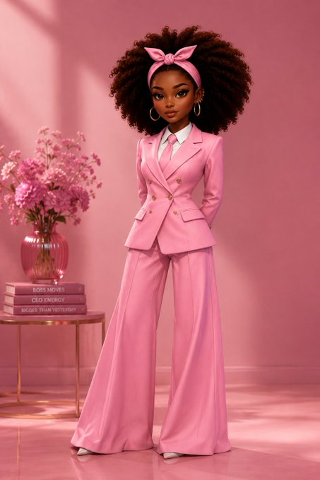 A stylized digital illustration depicts a Black woman with an afro wearing a pink power suit, tie, and headband, standing next to a side table with flowers and books.