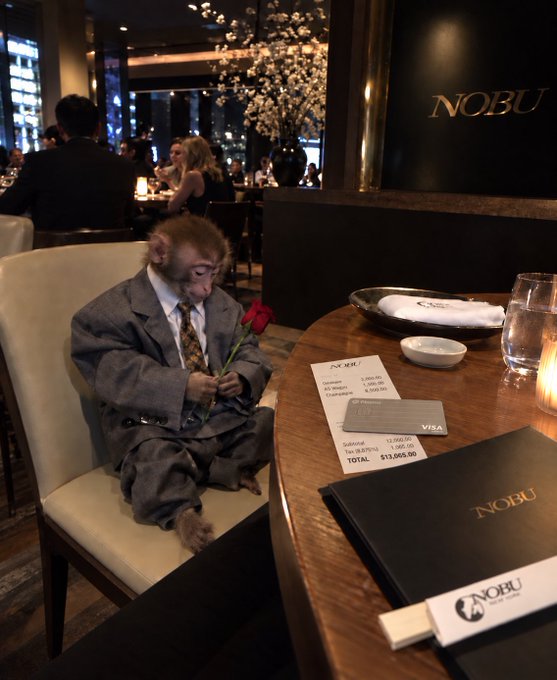 A monkey in a gray suit and tie sits in a chair at a Nobu restaurant, holding a red rose while a $13,000+ VISA receipt lies on the table next to a "NOBU" branded folder. The image humorously plays on the "real plasma customer" caption by depicting the absurd scene of a monkey appearing to be a high-rolling diner at an upscale Nobu establishment.