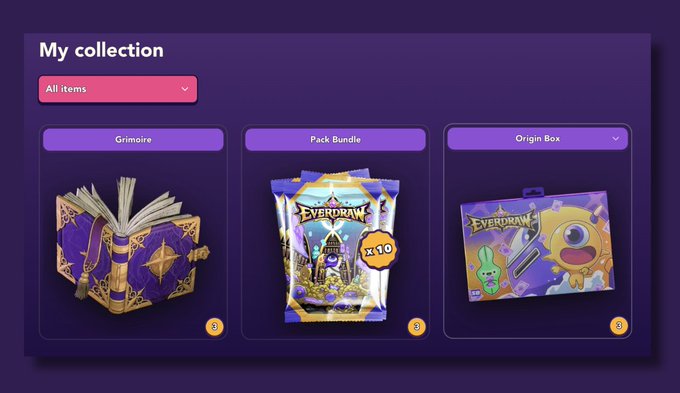A 'My collection' dashboard interface showing digital inventory items: a 'Grimoire', a 'Pack Bundle' (x10) of 'EverdraW', and an 'Origin Box' featuring EverdraW characters.