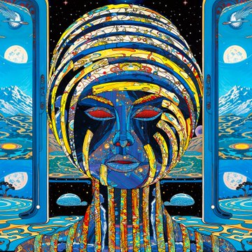 A surreal, symmetrical artwork depicting a stylized figure with an elaborate, coiled, multi-layered headpiece and red eyes, set against a divided background showing space, water, mountains, and flying doves.