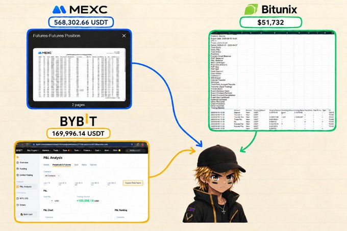 The image displays a graphic showcasing trading volumes across three cryptocurrency exchanges—MEXC ($568,302.66 USDT), Bybit (169,996.14 USDT), and Bitunix ($51,732)—with arrows from each exchange's account/position page converging on an anime-style character wearing a black cap, visually representing the post's claim of achieving nearly 800K USDT in total trading volume across these platforms.