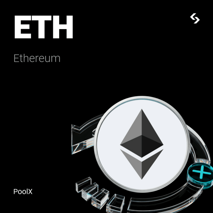 A digital asset page for ETH (Ethereum) on the PoolX platform, displaying the Ethereum logo coin resting on a stylized ring with a teal plus icon.