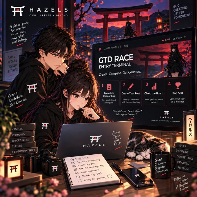 An anime-style promotional graphic for "HAZELS" featuring a "GTD RACE ENTRY TERMINAL" and characters working on laptops, with a cat sleeping nearby.