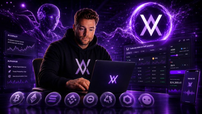 A man works on a laptop displaying the Velvet Capital "VV" logo, surrounded by glowing purple dashboard panels showing "AI Copilot," "AI Phanubot," and "Velvet AI" features with a balance of $24,369.41, while cryptocurrency icons line the desk—all visually reinforcing the post's announcement of $VELVET's rapid rise into the top 100 cryptos.