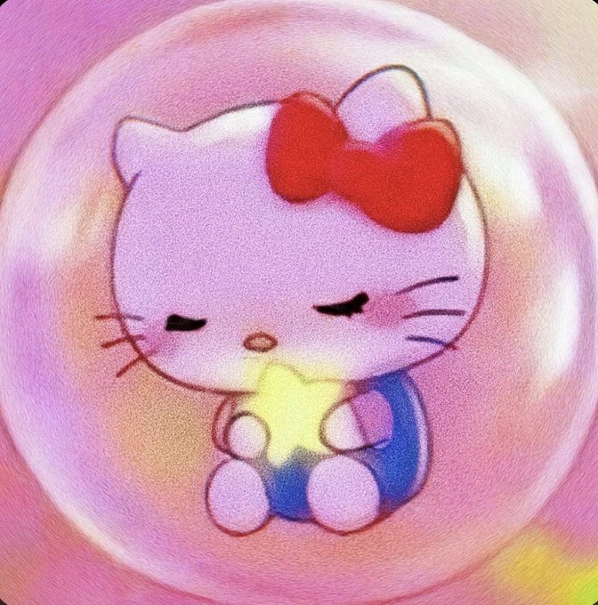 A cartoon illustration of Hello Kitty wearing her signature red bow, sitting and holding a yellow star against a soft pink bubbly background.
