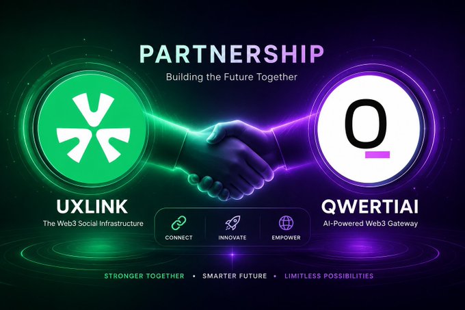 A neon-lit partnership announcement graphic showing a handshake between two glowing logos: a green UXLINK logo ("The Web3 Social Infrastructure") and a purple and white QWERTIAI logo ("AI-Powered Web3 Gateway"), with the tagline "STRONGER TOGETHER • SMARTER FUTURE • LIMITLESS POSSIBILITIES."