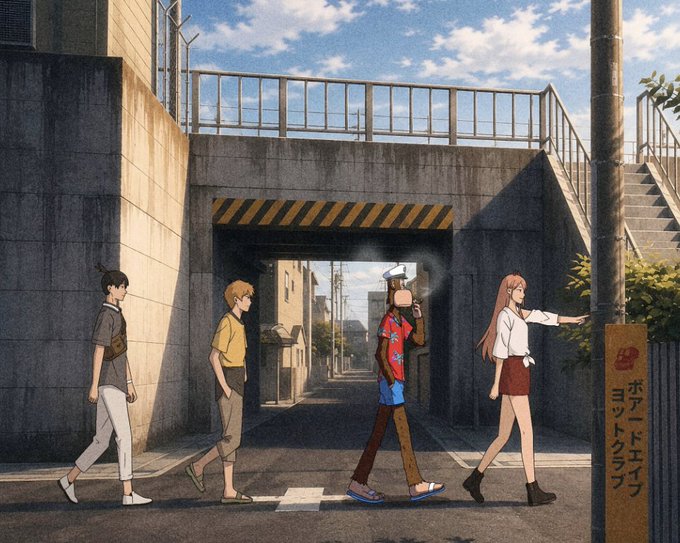 Four anime characters walk single-file through an underpass beneath a railroad crossing, with the text on a nearby utility pole reading "ガードエンフ ヨットクラブ" (Guardienf Yacht Club), directing them "This way to ApeFest" as they approach the entrance.
