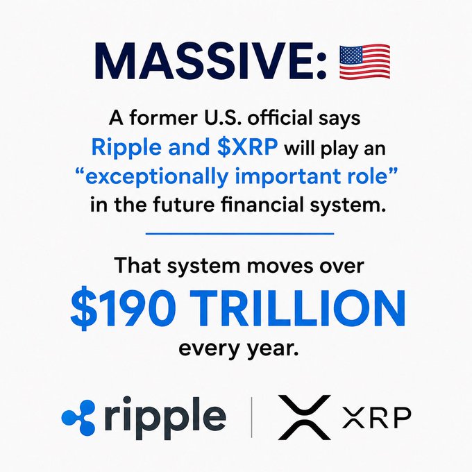 The image features a promotional graphic with "MASSIVE:" at the top alongside a U.S. flag emoji, stating that a former U.S. official believes Ripple and $XRP will play an "exceptionally important role" in the future financial system, which moves over $190 trillion annually, with the Ripple and XRP logos displayed at the bottom. This visually reinforces the post's claim about XRP's potential significance in the massive global payments infrastructure.