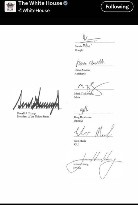Screenshot of a White House (@WhiteHouse) post displaying signatures from Donald J. Trump (President of the United States), Sundar Pichai (Google), Dario Amodei (Anthropic), Mark Zuckerberg (Meta), Greg Brockman (OpenAI), Elon Musk (XAI), and Jensen Huang (Nvidia).