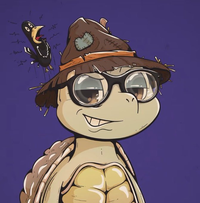 An illustrated portrait of a smiling turtle character wearing oversized round glasses and a patched brown straw hat, with a small black crow squawking in the upper left corner against a purple background.