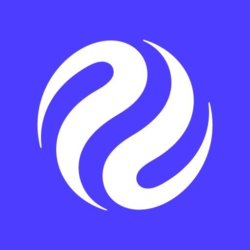 A stylized white logo resembling a swirling, flame-like 'S' or wave design set on a vibrant purple background.