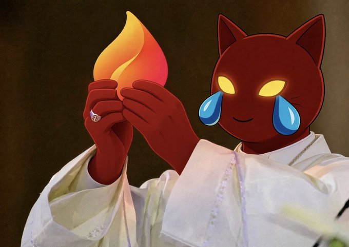 A cartoon red cat with glowing yellow eyes and animated tear drops holds a flame in its hands while wearing a white robe, playfully riffing on the "IN $EMBER WE TRUST" post by blending religious iconography with crypto meme aesthetics.