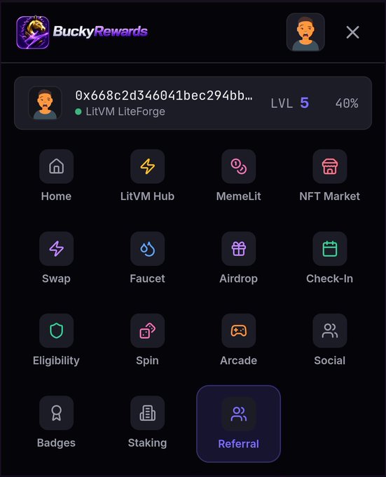 A screenshot of a crypto dashboard menu for 'BuckyRewards' showing wallet details (0x668... LVL 5, 40%) and navigation icons including Home, LitVM Hub, MemeLit, NFT Market, Swap, Faucet, Airdrop, Check-In, Eligibility, Spin, Arcade, Social, Badges, Staking, and Referral.