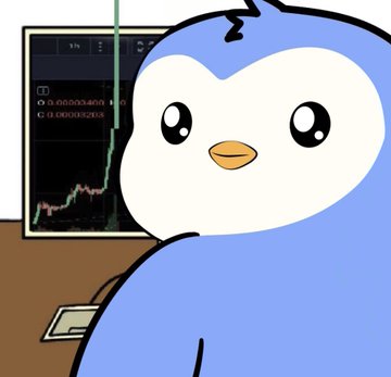 A cartoon penguin standing next to a computer monitor displaying a stock chart with a sharp downward red trend line.
