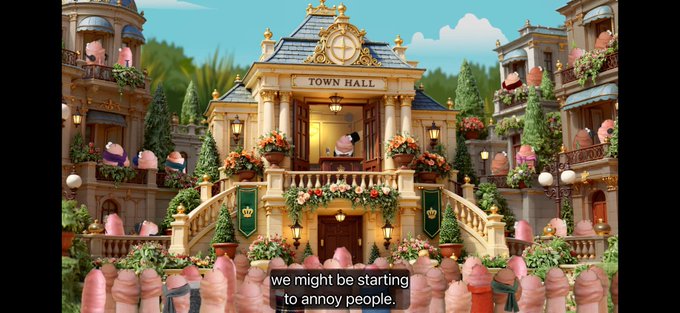 A colorful animated scene shows a "TOWN HALL" building with anthropomorphic finger characters gathered around it; subtitles read "we might be starting to annoy people."