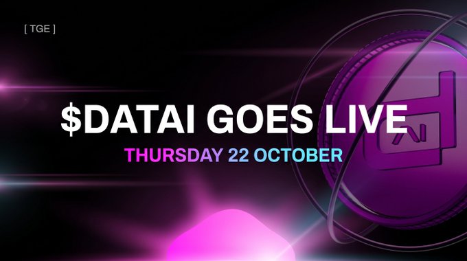 A promotional banner reads “[ TGE ] $DATAI GOES LIVE THURSDAY 22 OCTOBER,” with purple and black neon effects and a large Ethereum-style emblem on the right.