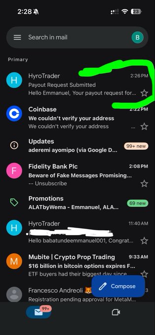 A Gmail mobile inbox screenshot showing an email from 'HyroTrader' titled 'Payout Request Submitted - Hello Emmanuel, Your payout request for...' highlighted with a green circle.