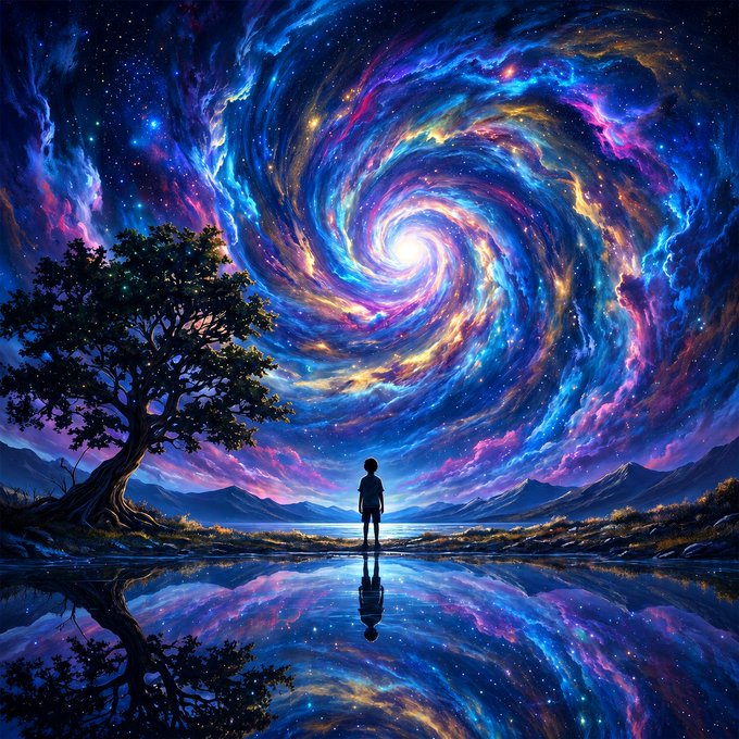 A vibrant digital fantasy artwork shows a small silhouette standing before a massive, swirling colorful galaxy reflected in a tranquil lake, framed by a large tree.