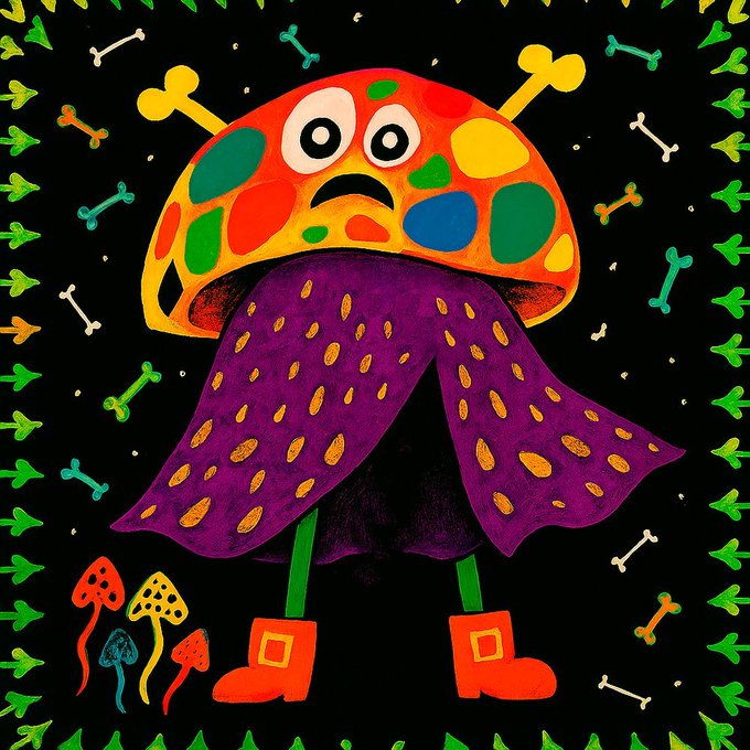 A vibrant, colorful illustration of an anthropomorphic mushroom character with a worried expression, wearing a purple cloak and red boots, surrounded by bones and small mushrooms.