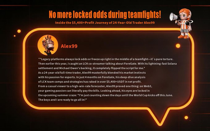 The image features a poster with a cartoon character holding a megaphone against a black background. The text on the poster reads "No more locked odds during team fights!" and includes an interview quote from Alex99, who has made over 5,400+ US dollars in just four months by understanding LCK match.
