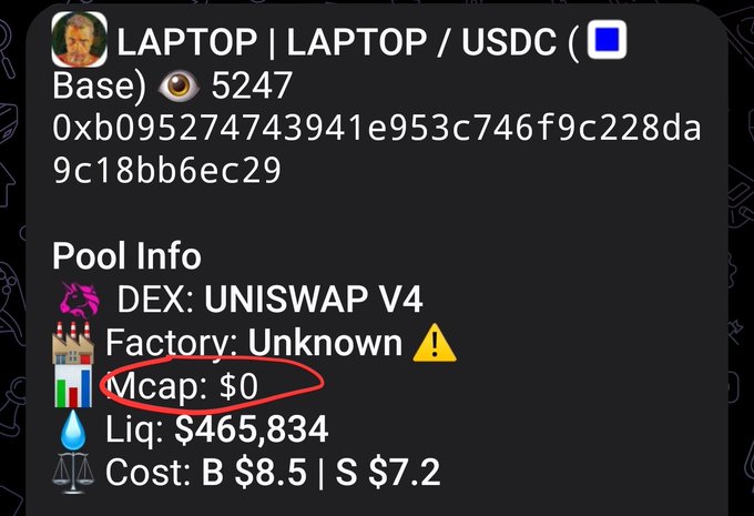 The image shows a crypto trading pool info card for the LAPTOP/USDC pair on Uniswap V4 (Base), where the market cap is listed as $0 (highlighted in red) despite $465,834 in liquidity, illustrating the user's question about why the token's market cap appears at zero.