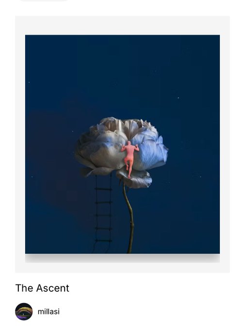 A surreal digital art piece titled 'The Ascent' by mllasi, showing a small figure in an orange suit climbing a ladder toward a large white rose against a dark blue starry background.