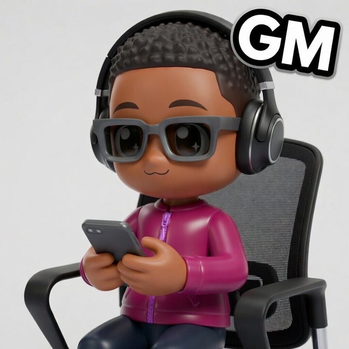 A 3D rendered cartoon character wearing glasses, headphones, and a pink jacket sits in a chair while looking at a smartphone, with 'GM' text in the corner.