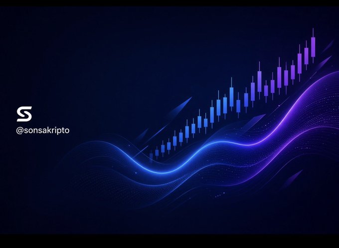 A dark blue financial-themed graphic shows a rising candlestick chart with glowing blue and purple wave lines, plus the text "@sonsakripto" and a stylized "S" logo.