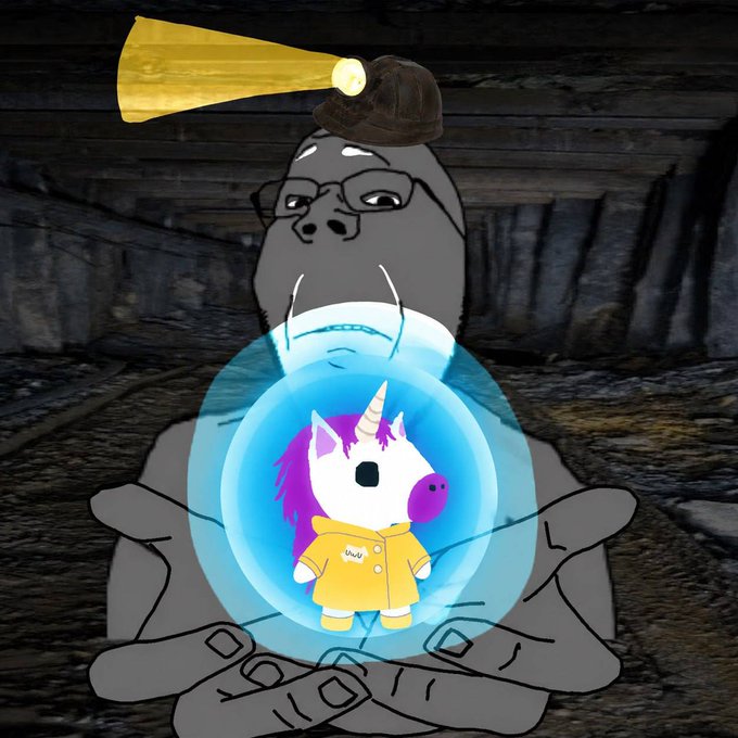 The image shows a gray cartoon figure wearing a miner's helmet and glasses, sitting in a meditative pose with crossed legs, cradling a glowing blue orb in its hands. Inside the orb is a small purple-and-white unicorn character in a yellow hoodie labeled "UwU," symbolizing the precious and rare "unicorn" asset being safeguarded. The visual metaphor reinforces the post's message that true alpha lies in patiently holding a single, high-conviction unicorn pick like $UwU rather than chasing dozens of lesser micro-caps.