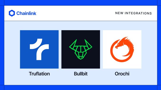 A Chainlink 'New Integrations' announcement displays three project logos: Truflation, Bullbit, and Orochi.