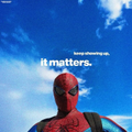 Spider-Man stands against a blue sky, with text "It matters." above him, symbolizing the post's theme of standing up against crypto scams and FUD as the "hero" protecting the city.