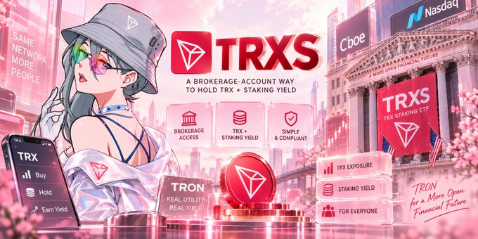 An anime-style promotional graphic for 'TRXS' describing it as 'A BROKERAGE-ACCOUNT WAY TO HOLD TRX + STAKING YIELD', featuring a female character with a bucket hat and sunglasses, the TRON logo, Nasdaq and Cboe logos, and features like 'BROKERAGE ACCESS', 'TRX STAKING YIELD', and 'SIMPLE & COMPLIANT'.