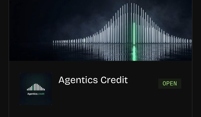 An app icon and banner for 'Agentics Credit' features a 3D equalizer-style design with a central green bar, displayed with an 'OPEN' button.