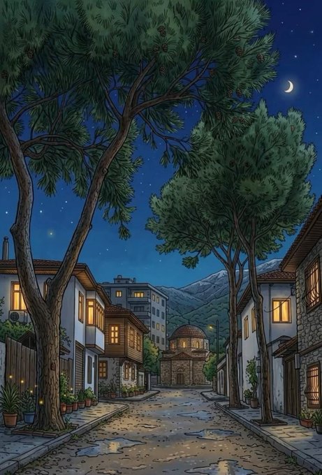 A quiet cobblestone village street glows warmly under a crescent moon, with windows lit softly in surrounding stone and timber houses and trees framing the peaceful scene. The serene night setting mirrors the post's message about finding rest and reset in stillness, while subtly nodding to the @sleepagotchi app's role in enhancing nightly relaxation.